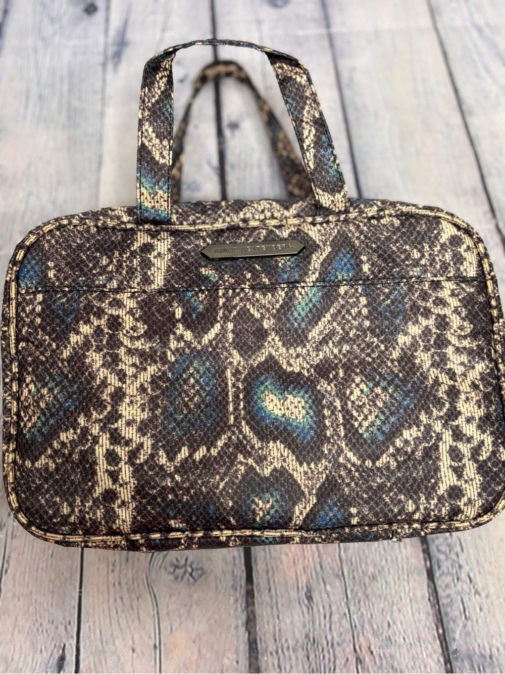 Aimee Kestenberg Blue Tan Snakeskin Print Hanging Travel Toiletry Cosmetic Bag